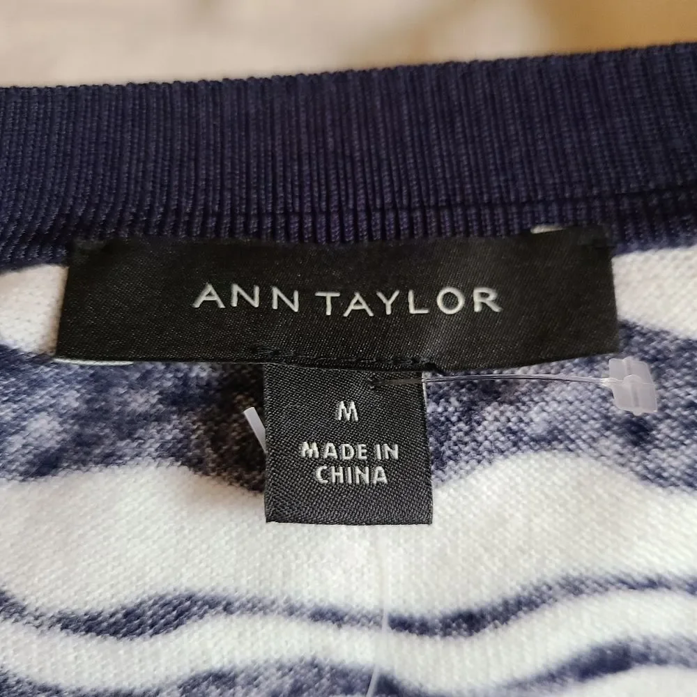 ANN TAYLOR Size Medium Navy White Stripe Cropped Open Front Cardigan Sweater NEW